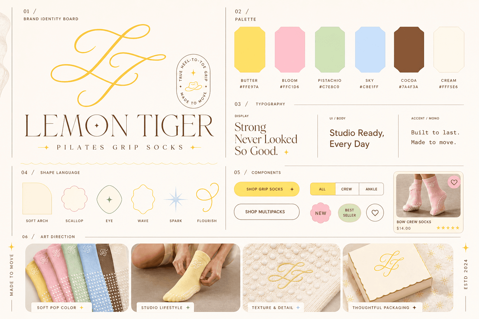 Lemon Tiger grip sock collection in butter, bloom, pistachio, sky, and cocoa